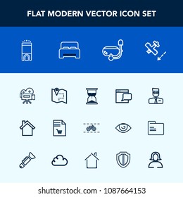 Modern, simple vector icon set with aircraft, home, time, wheel, retro, shopping, water, hour, plane, technology, communication, profile, bike, account, location, transportation, mobile, road icons
