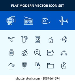 Modern, simple vector icon set with building, hour, jet, war, microphone, airport, tripod, juice, musical, music, lens, clock, bag, cocktail, aircraft, airplane, timer, estate, drink, sound icons