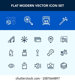 Modern, simple vector icon set with fish, car, package, chess, plastic, card, sport, money, fishing, van, white, game, rod, equipment, location, education, communication, magician, pencil, magic icons
