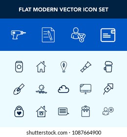 Modern, simple vector icon set with shovel, dollar, estate, travel, drink, house, nature, pub, landscape, container, space, pin, metal, morning, home, alcohol, construction, machine, astronomy icons