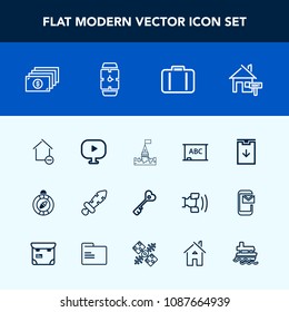 Modern, simple vector icon set with blackboard, key, minute, medieval, apartment, tower, south, board, sign, download, weapon, finance, sword, luggage, north, castle, hand, compass, time, knight icons