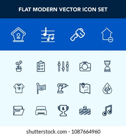 Modern, simple vector icon set with equality, property, video, wooden, nation, sand, tshirt, camera, axe, house, national, tool, tick, flag, tree, bird, apartment, clock, investment, machine icons