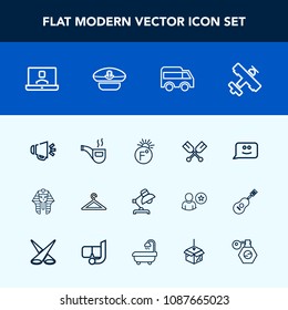 Modern, simple vector icon set with smile, home, fahrenheit, chat, egypt, plane, lamp, oar, table, scale, vintage, pharaoh, call, sound, pipe, communication, ancient, flight, internet, hanger icons