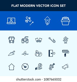 Modern, simple vector icon set with technology, equipment, button, web, fish, internet, bus, summer, ball, surfer, fishing, home, construction, wooden, hook, underwater, surfing, transport, surf icons
