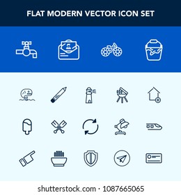 Modern, simple vector icon set with canoe, stationery, dessert, ocean, transportation, apartment, home, clean, office, bathroom, barbecue, pencil, sweet, paddle, bucket, house, seafood, cycle icons