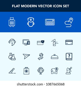 Modern, simple vector icon set with delivery, road, box, travel, bank, cash, message, tool, email, red, location, money, coin, navigation, business, send, cargo, equipment, doctor, laboratory icons