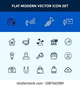 Modern, simple vector icon set with tobacco, cigarette, key, business, mountain, trumpet, tool, door, finance, musical, web, internet, sky, map, landscape, builder, banking, architecture, blue icons