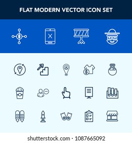 Modern, simple vector icon set with account, finger, click, tool, coffee, technology, dollar, travel, sale, touch, downstairs, instrument, user, cafe, pin, medicine, shop, button, equipment, map icons