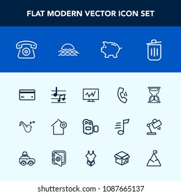 Modern, simple vector icon set with coin, camera, equipment, musical, bugle, hour, money, bank, mobile, timer, film, debit, morning, nature, note, trash, time, video, diagnostic, doctor, banking icons