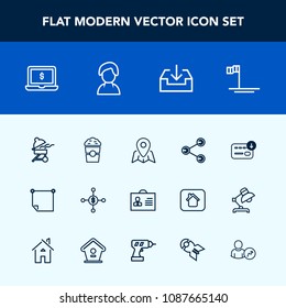 Modern, simple vector icon set with shop, share, blue, laptop, social, profile, bag, cafe, web, internet, screen, technology, human, cup, location, investment, ocean, finance, paper, travel, pin icons