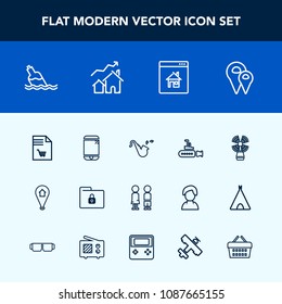 Modern, simple vector icon set with phone, map, jazz, ocean, bugle, touchscreen, drink, water, real, boat, sea, seamark, happy, lighthouse, girl, technology, notebook, people, beacon, undersea icons