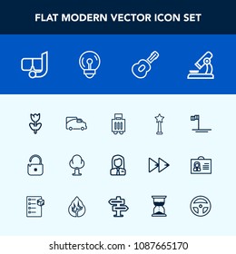 Modern, simple vector icon set with security, luggage, employer, summer, forest, bag, medal, ocean, transport, transportation, baggage, van, landscape, people, tree, guitar, traffic, business icons