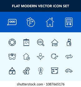 Modern, simple vector icon set with speech, house, picture, money, nature, fahrenheit, thermometer, frame, architecture, building, fly, pool, sign, ring, dollar, web, chat, temperature, find icons
