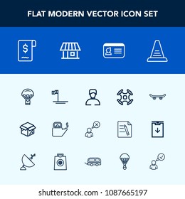 Modern, simple vector icon set with internet, cardboard, sale, drone, control, jump, parachuting, aerial, online, man, sky, up, package, male, ladder, identity, water, technology, helicopter icons