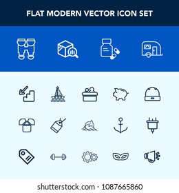 Modern, simple vector icon set with sale, cap, white, money, shirt, medical, transportation, vision, traffic, meeting, tshirt, up, view, nature, speaker, wildlife, downstairs, equipment, water icons