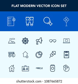 Modern, simple vector icon set with presentation, sign, megaphone, wheel, air, apartment, speaker, housework, clothes, sun, graph, profile, human, removal, document, loudspeaker, ironing, chart icons