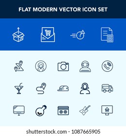 Modern, simple vector icon set with route, girl, unpacking, map, road, hat, spacesuit, camera, cardboard, summer, money, science, cocktail, juice, photo, man, circle, call, financial, late, box icons