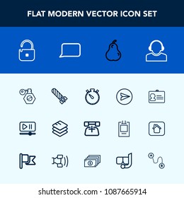 Modern, simple vector icon set with internet, telephone, phone, support, protection, clock, center, service, video, explosion, button, business, perfume, web, document, timer, technology, email icons