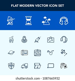 Modern, simple vector icon set with cycle, barbecue, point, nature, microphone, sand, sky, id, audio, astronomy, location, space, card, radius, sign, headset, telescope, stationary, development icons