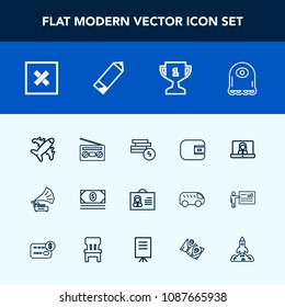Modern, simple vector icon set with winner, pen, place, achievement, character, technology, travel, alien, closed, flight, vintage, first, pencil, award, cash, internet, wallet, communication icons