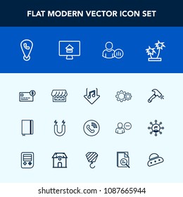 Modern, simple vector icon set with curtain, download, call, book, construction, social, bank, money, action, page, tropical, music, house, profile, phone, summer, nature, notebook, estate, tree icons