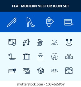 Modern, simple vector icon set with field, luggage, sea, arrow, megaphone, barbecue, ocean, person, speaker, baja, message, pen, mexico, fish, write, click, meat, seafood, magnetic, hand, book icons