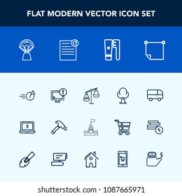 Modern, simple vector icon set with monitor, equipment, travel, tree, paper, laptop, sky, computer, air, warning, construction, weight, hot, transportation, architecture, balance, stick, road icons