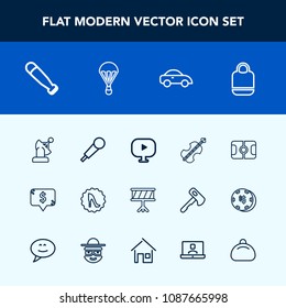 Modern, simple vector icon set with stadium, equipment, music, media, space, price, circle, cello, drum, technology, elegance, karaoke, object, pitch, mic, violoncello, soccer, baseball, fashion icons