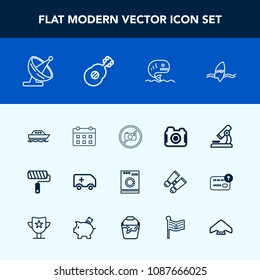 Modern, simple vector icon set with car, day, food, washer, roller, surfer, photographer, roll, medical, appliance, tool, communication, housework, dish, camera, boat, machine, sign, biology icons