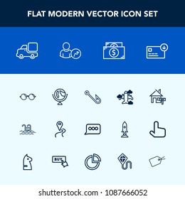 Modern, simple vector icon set with finance, aircraft, glasses, speech, sack, airplane, estate, blue, water, planet, rent, globe, location, pool, navigation, eye, fish, chat, flight, optical icons