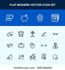 Modern, simple vector icon set with record, tv, material, extreme, building, equipment, transportation, clinic, umbrella, skate, surgery, culture, handle, ancient, truck, bus, parasol, road, sun icons