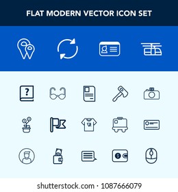 Modern, simple vector icon set with personal, rail, identification, print, sunglasses, screwdriver, book, construction, tool, road, america, blue, hammer, tshirt, photography, paper, flag, pen icons