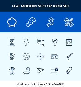 Modern, simple vector icon set with photo, delivery, package, communication, electricity, light, cook, uniform, business, lamp, construction, danger, technology, emergency, spoon, button, blank icons