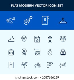 Modern, Simple Vector Icon Set With Clothing, Notebook, Bag, Travel, Cart, Hanger, Business, Guitar, First, Place, Sign, Object, Landscape, Light, Nature, Mountain, Blue, Electric, Security, Sky Icons