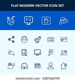 Modern, simple vector icon set with bank, online, account, route, picnic, house, balance, juice, display, digital, internet, summer, cocktail, sign, tool, card, stereo, monitor, space, ship, map icons