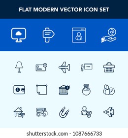 Modern, simple vector icon set with plane, flight, field, wallet, cloud, basket, male, shop, profile, money, sale, note, currency, jetliner, investment, internet, online, electricity, travel, go icons