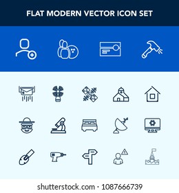 Modern, simple vector icon set with global, equipment, technology, mail, music, microscope, biology, home, house, travel, tape, stereo, lighthouse, bedroom, message, web, business, cartoon, post icons