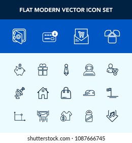 Modern, simple vector icon set with suit, sale, bill, present, banking, finance, property, box, real, buy, online, tshirt, technology, package, shirt, male, global, science, giftbox, coin, sack icons