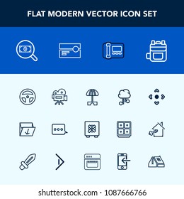 Modern, simple vector icon set with stationary, office, cassette, phone, search, waste, button, trash, movie, security, sign, web, message, bag, stereo, technology, laboratory, camera, equipment icons