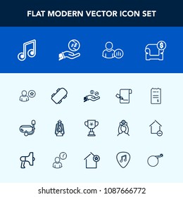 Modern, simple vector icon set with couch, interior, summer, paper, lamp, profile, music, business, note, lantern, metal, sound, status, list, coin, skater, water, bill, social, money, extreme icons
