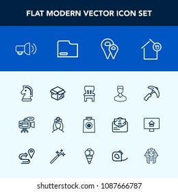 Modern, simple vector icon set with healthcare, strategy, profile, care, equipment, pin, communication, construction, doctor, video, owner, gift, human, microphone, cardboard, crane, fashion icons