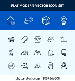 Modern, simple vector icon set with estate, blue, electricity, house, shipping, box, construction, bulb, baja, business, tree, truck, building, price, beach, location, board, online, growth, map icons