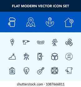 Modern, simple vector icon set with home, ventilator, bbq, tripod, pub, cooking, cream, sky, bar, celebration, drill, drink, mask, video, hand, alcohol, meat, retro, movie, technology, electric icons