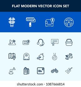 Modern, simple vector icon set with estate, microphone, interior, card, grass, balance, sew, support, seamark, success, location, cartoon, certificate, sea, call, laboratory, sofa, house, money icons