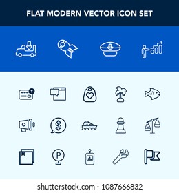 Modern, simple vector icon set with message, circle, transportation, success, money, sea, cash, announcement, progress, tag, megaphone, speaker, chat, shipping, currency, water, palm, boat, hat icons