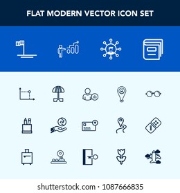 Modern, simple vector icon set with umbrella, baja, eye, ocean, social, business, status, geometry, equipment, dollar, box, money, travel, stationery, currency, internet, parasol, beach, glasses icons