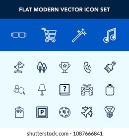 Modern, simple vector icon set with cart, fashion, account, musical, home, landscape, nature, light, magic, interior, award, web, computer, sound, tree, win, cell, wizard, graphic, sun, glasses icons