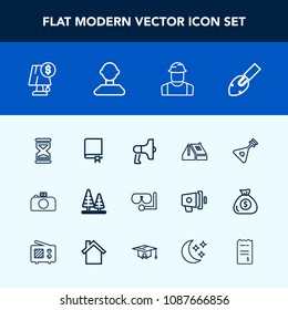 Modern, simple vector icon set with musical, landscape, camera, clock, person, education, diving, shovel, announcement, house, tree, library, environment, equipment, interior, encyclopedia, home icons