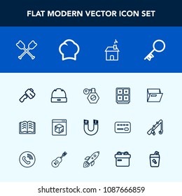 Modern, simple vector icon set with paper, pole, key, shipping, home, book, field, fashion, building, hat, head, science, canoe, file, safe, literature, folder, sign, construction, hammer, pump icons
