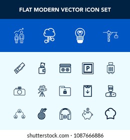 Modern, simple vector icon set with technology, bag, success, cloud, luggage, tape, growth, bulb, street, music, file, video, transport, lightbulb, camera, road, baggage, travel, sound, lamp icons